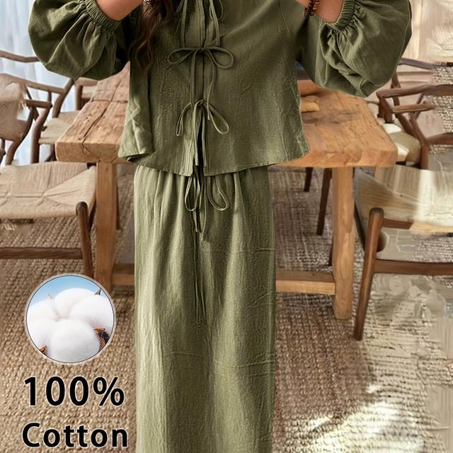 TEMU SQ25061325 100% -Stoff Langarm-Oberteil mit Vorderbund und Rock Casual Set W0191