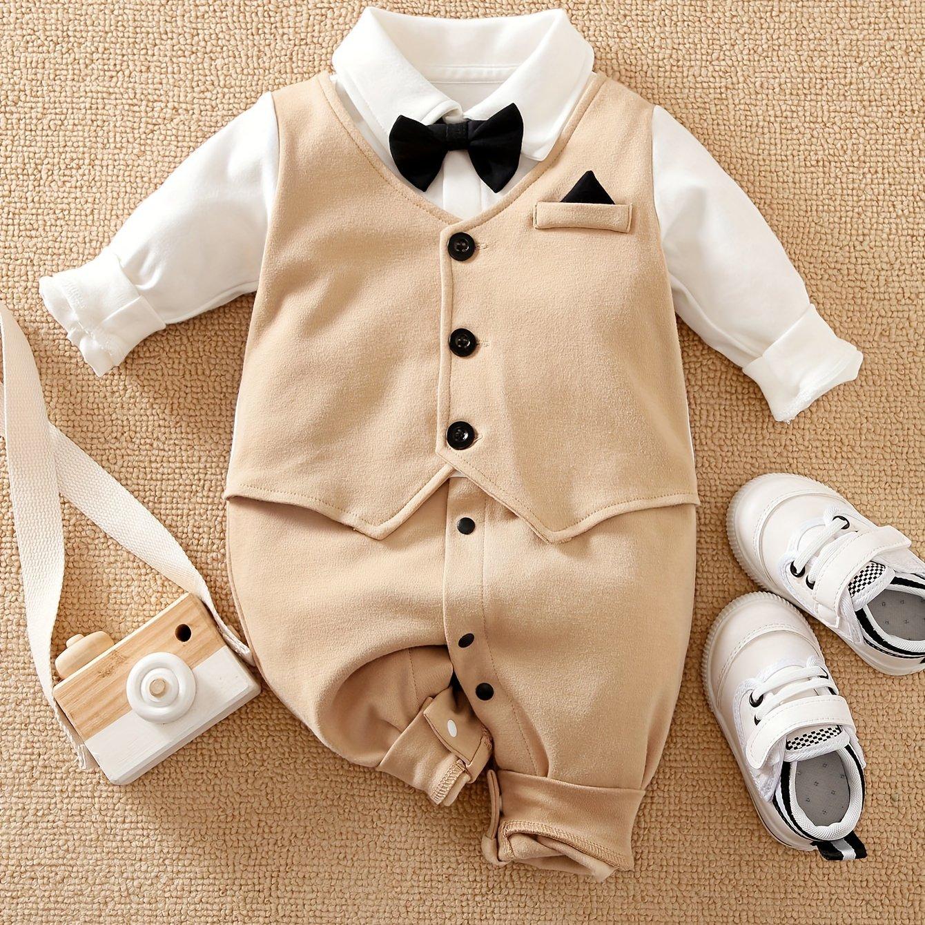 TEMU Khaki Gentleman Bow Tie Pure Cotton Long Sleeve Spring And Autumn Children's Bodysuit, Perfect For Outdoor