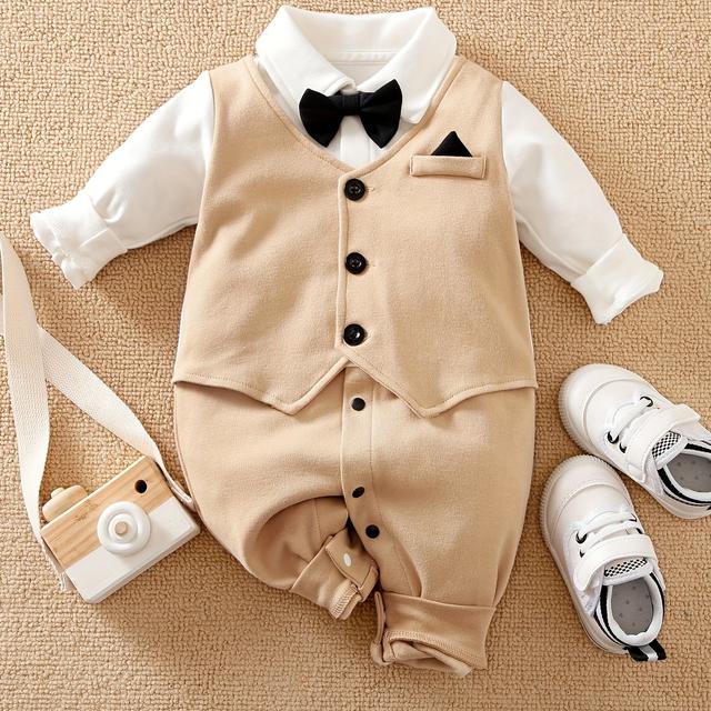 TEMU Khaki Gentleman Bow Tie Pure Cotton Long Sleeve Spring And Autumn Children's Bodysuit, Perfect For Outdoor