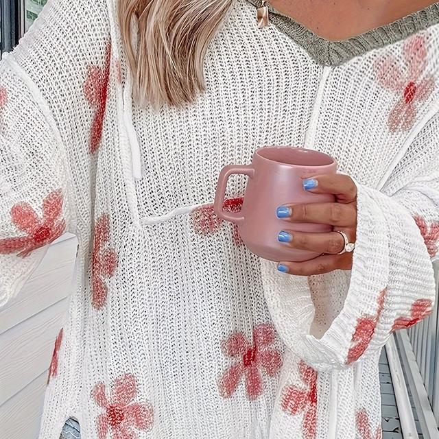 TEMU Plus Size Floral Pattern Hooded Knitted Sweater, Casual Split Hem Long Sleeve Sweater, Women's Plus Size Clothing