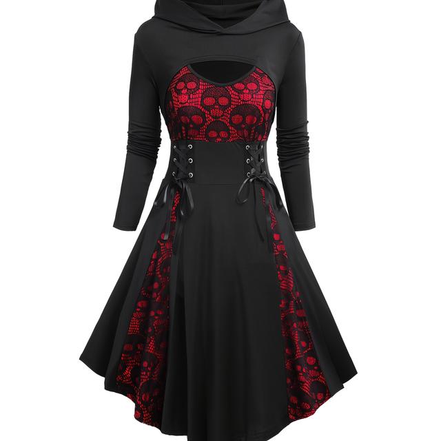 TEMU Gothic Style Vacation Outfit Featuring A Skull Lace Design With Contrasting Colors, A Design That The Waist, And An Asymmetrical Hem. With A Long-sleeve Cropped Hoodie