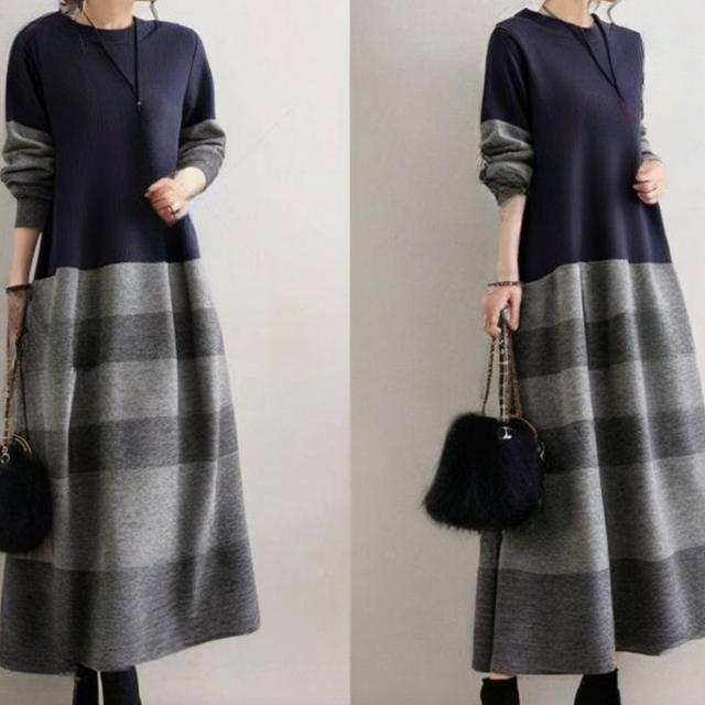 TEMU 女性用トなストライプドレス - コンカラー、長袖Aライン、ネイビー＆グレー縦ストライプ、洗濯機対応快適ドレス、カジュアルからルまで、秋冬のアウトフィット、デートナイトに最適、多機能日常着、な女性向けドレス、高品質クラスシックドレス、夏用長袖ドレス、耐久性抜群ファ