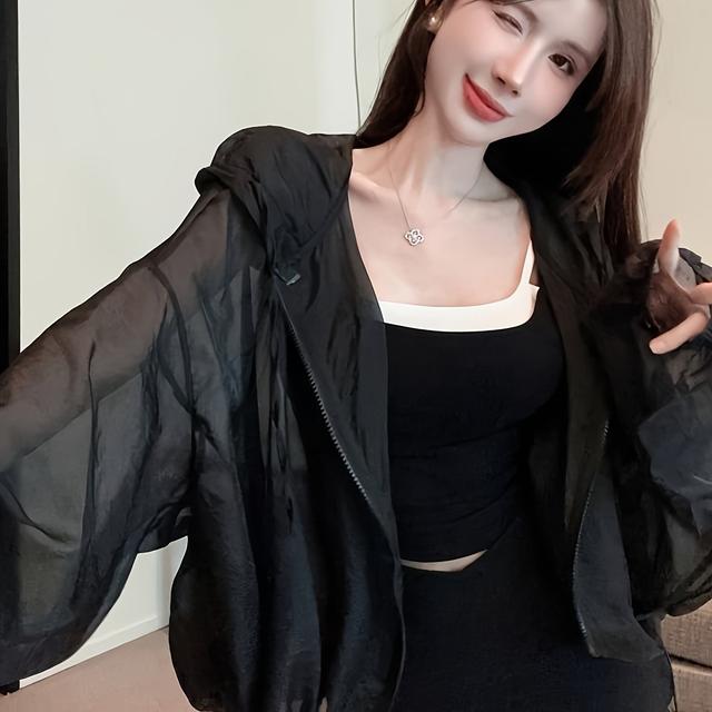 TEMU 2025年夏新作プラスサイズ女性用ビスコース軽量アウターウェア | 半透明なルーズシャツ | 長袖フード付きトップ | ファッショナブルで多用途 | 夏の外出やな着こなしに適しています。