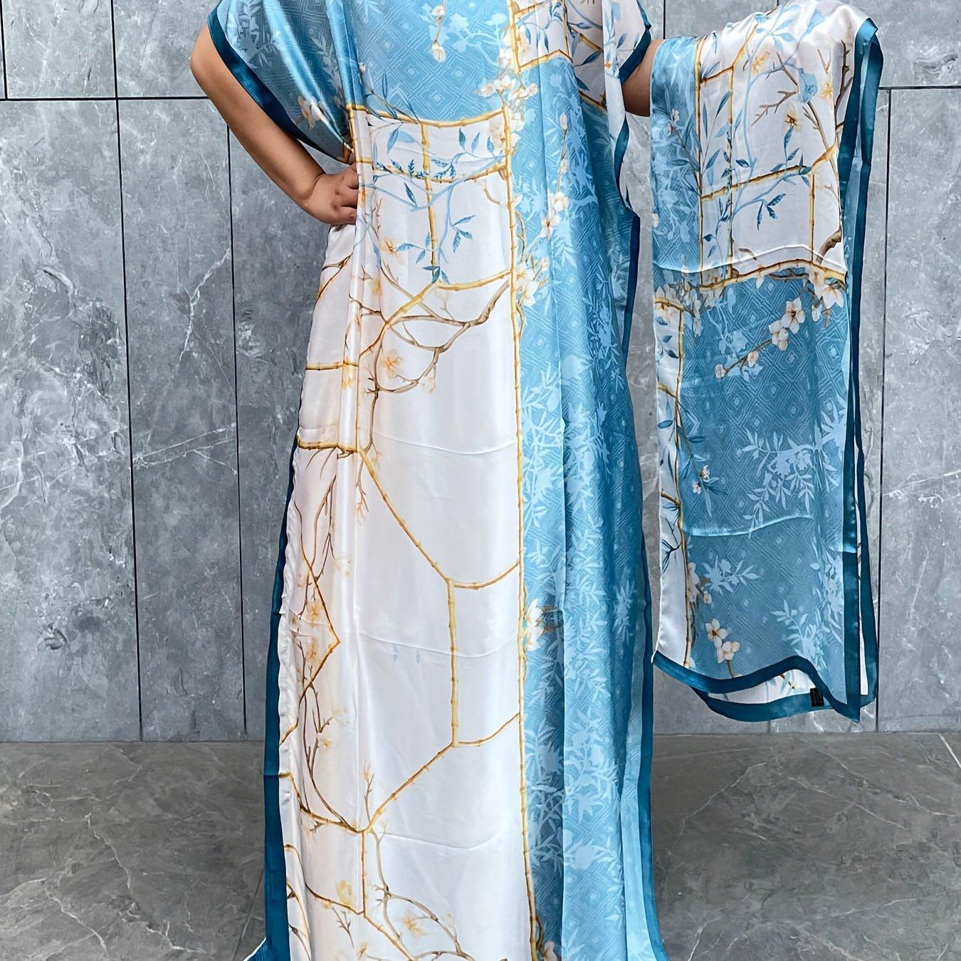TEMU Langärmliges Kleid mit Blumenmuster in großen Größen, elegantes Kurzarm-Kleid mit Rundhalsausschnitt und Schal für Frühling und Sommer, Damenbekleidung in großen Größen