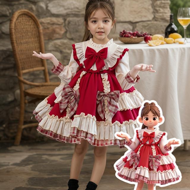 TEMU Abito da con e Volant a Quadri - Vestito a Maniche Lunghe con Cintura Slim Fit, a Lunghezza per Matrimoni, Feste e Fotografie - Abbigliamento per Bambine Lavabile in Lavatrice