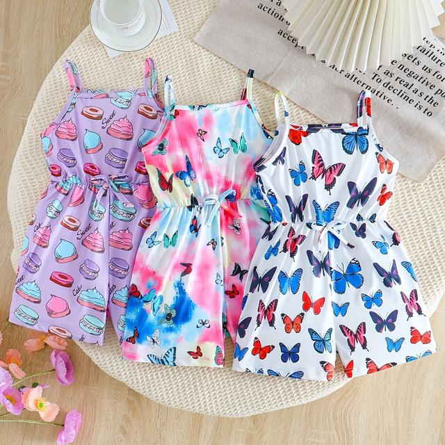 TEMU 3pcs Sleeveless Jumpsuits With & Donut Prints - Cute Summer Outfits For , Vibrant Floral & Fun Designs, Medium Stretch Fabric, Strapless Detail, Casual Or Outfits, For Outdoor