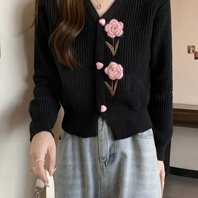 TEMU レディース ハンドメイド Vネック ショートカーディガンセーター - 日常着や冬のコーデに最適、洗濯機対応で通勤・外出・レイヤリングに便利なアップコート