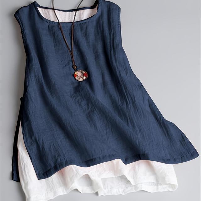 TEMU Targeted Yt: Round Neck Fake Two-piece Contrast Sleeveless Vest