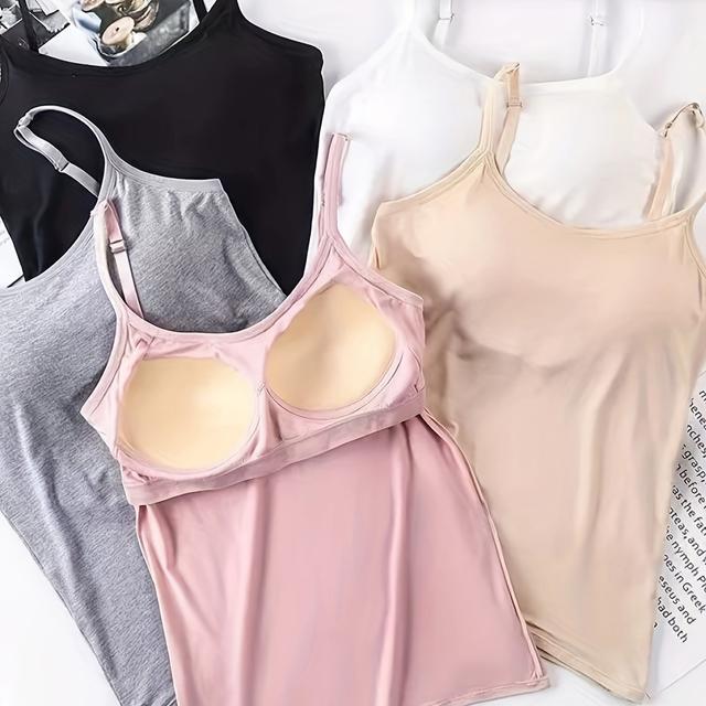 TEMU 5개 세트 여성용 편안하고 다용도 피부 친화적인 캐미솔, 조절 가능한 스트랩 및 내장 고정 컵 디자인
