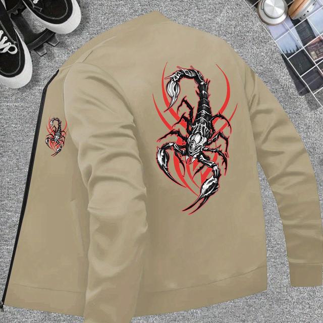 TEMU جاكيت رجالي كاجوال أنيق بنقشة عقرب وطباعة نصية مع ياقة مستقيمة وسحاب على طراز البيسبول