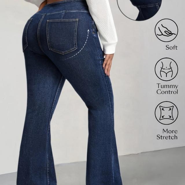 TEMU New Plus Size Women's High Elasticity Denim Pants With Side Zipper Flared Legs