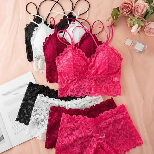 TEMU 4pcs Set Sexy Comfortable Fashion Casual Lace Women's Underwear Set Gathered No Steel Ring Beautiful Back Bra Set Panty And Outerwear Suspender Vest Wrap