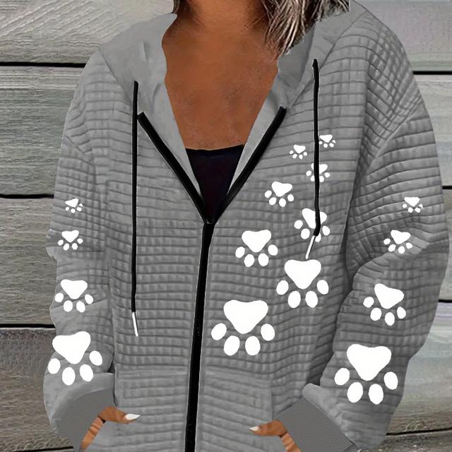 TEMU Nettes Katzenpfoten-Print Damen-Casual-Waffeljacke mit Kapuze und Kordelzug, Polyesterfaser, maschinenwaschbar, geometrisches Muster