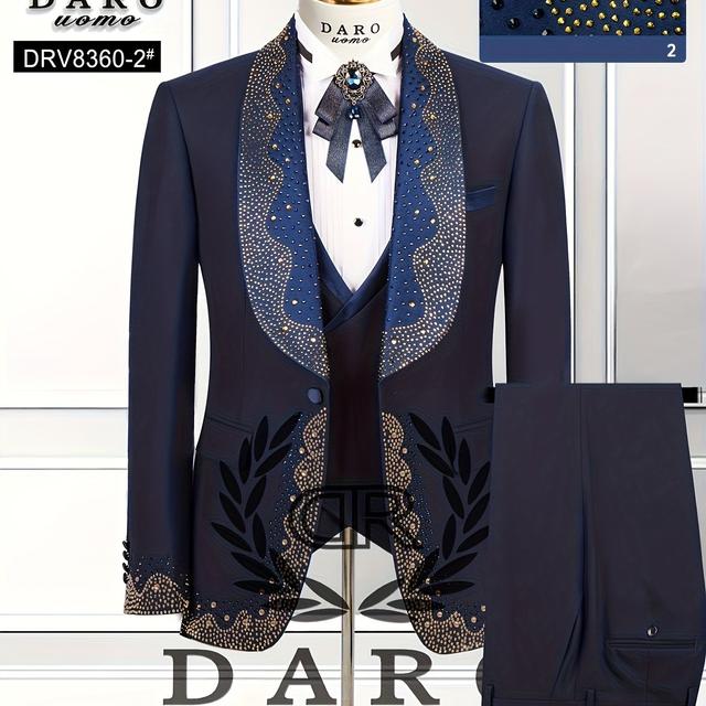 TEMU Ensemble 3 pièces en diamant (Veste + Gilet + Pantalon) - Chemise et accessoires non