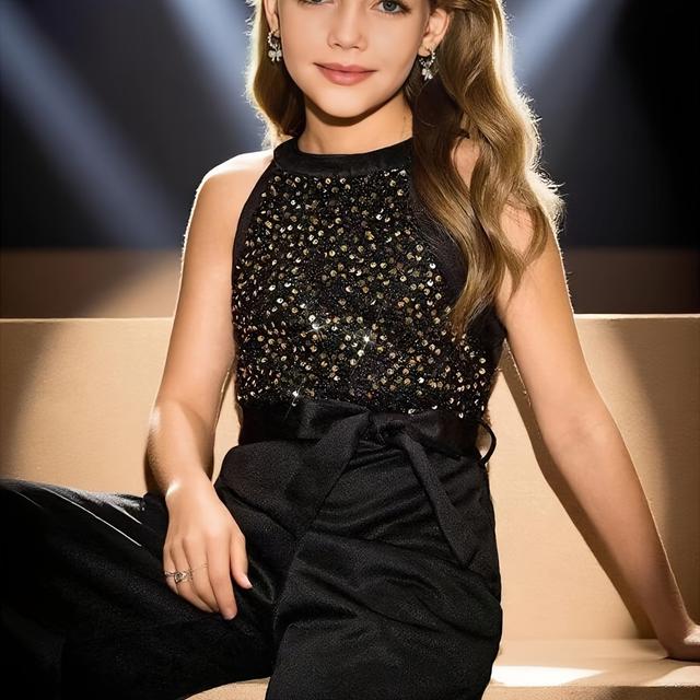 TEMU Ein stylischer, ärmelloser Jumpsuit für Mädchen, mit einem figurbetonten Design, in Unifarben und mit Pailletten, perfekt für Bühnenauftritte, Partys und Feiertage, für Outdoor-Aktivitäten.