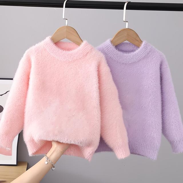 TEMU Set Of 2 Popular Cross-border Warm Solid Color Knitted Sweaters For Girls In Autumn And Winter, Featuring A Pink-
