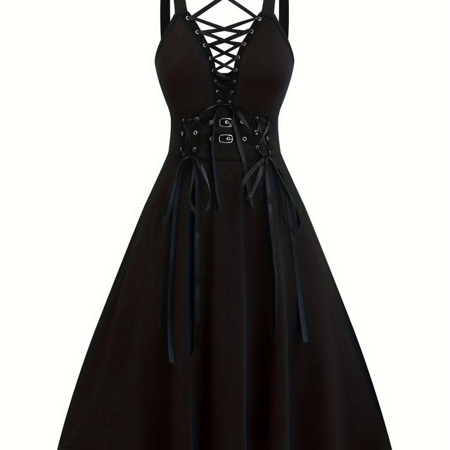 TEMU Plus Size, Gothic Kleid mit Schnallenverschluss, Kreuz-Tiefausschnitt, Einfarbig, Hohe Taille, A-Linie Plus Size Kleid