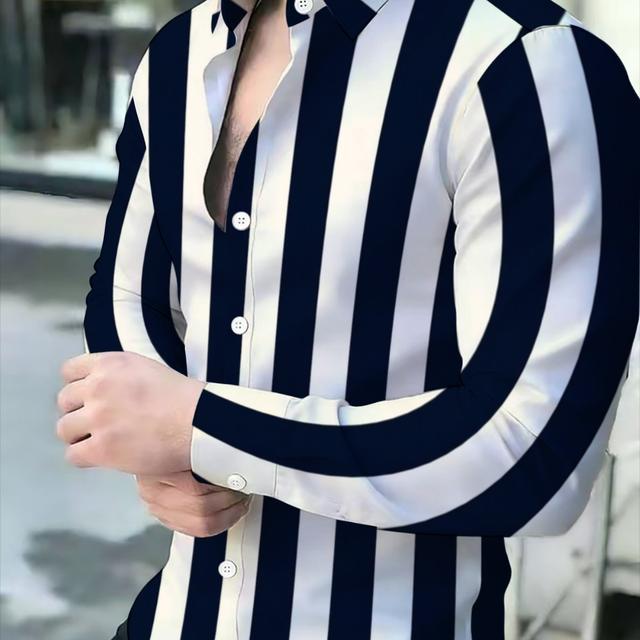 TEMU Men's Navy Blue And White Striped Shirt, Stylish Casual Long-sleeve Collared Shirt