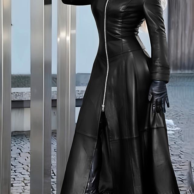 TEMU [DP050786 Speciale Editie] Lente/Herfst Dames Casual, Modieuze en Elegante Lange Trenchcoat met Lange Mouwen, Open Voorkant met Rits, A-lijn met Revers, Geschikt voor Uitjes en Motoroutfits