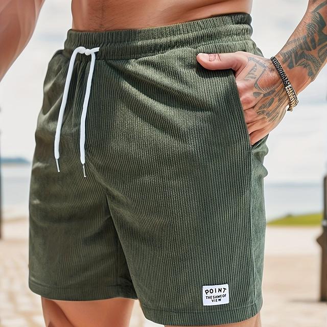 TEMU Men's Olive Green Corduroy Casual Shorts - Slim Fit With White Drawstring, Polyester, Machine Washable, Fabric For