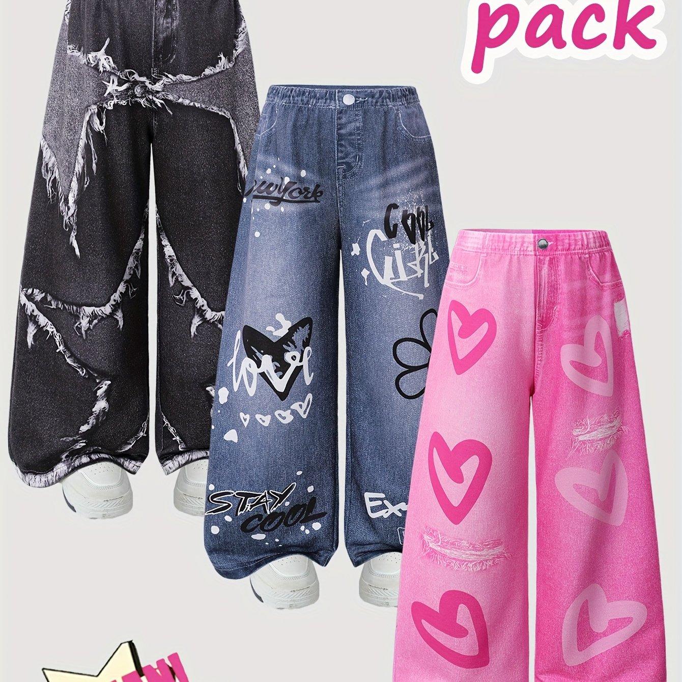 TEMU 3-pc Girls' Fall Wide-leg Pants, Star Heart Letter Trendy Distressed , Denim Fake Pockets , 3-pc Set, Comfortable Soft Fabric, Girls' Fashionable , Outdoor Casual Match, For Outdoor