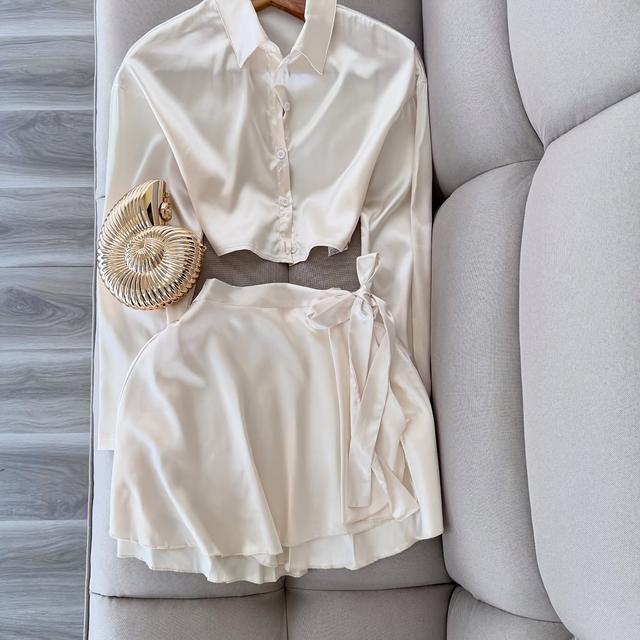 TEMU Satin Chiffon 2pcs Set: Fashionable Commuter High-end Casual Versatile Short Sleeve Shirt + Tie-waist Skirt