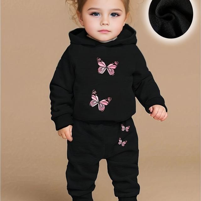 TEMU Baby Meisje Mode Vlinderpatroon Hoodie+Sportbroek Tweedelige Set Lente en Herfst Cadeau, Perfect voor Buiten