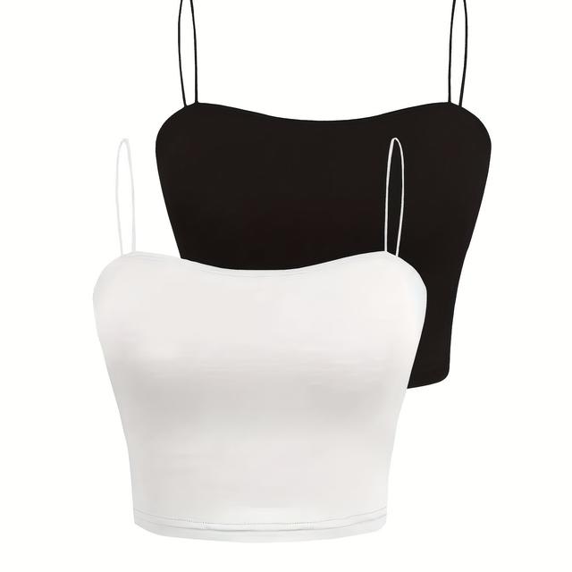 TEMU 2pcs Set Women' Color Crop Top With Thin Shoulder Straps And Belly Button Casual Vest