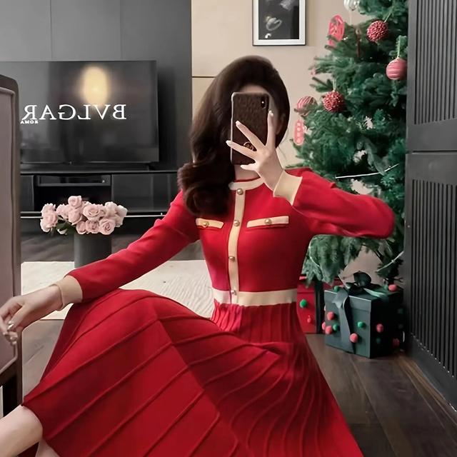 TEMU 【商品名】レディース ト ハイウエスト Aライン マキシ セーター ドレス - 冬 暖かい 長袖 ボタン留め、無地 レッド コージー セーター ドレス 秋/冬向け、カジュアルからルまで対応、万能アウター & デイタイムからナイトウェア