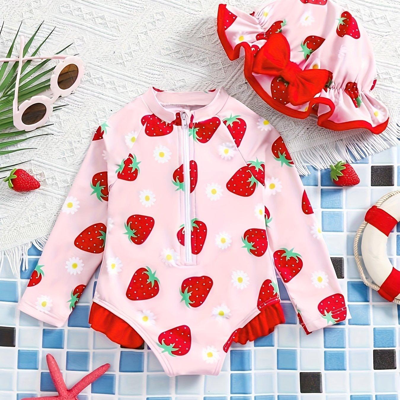 TEMU 1pc Conjunto de Bañador y Gorro de Manga Larga con Cremallera y Estampado de Fresas, Estilo y Lindo para Niñas, Ideal para Verano//Otoño