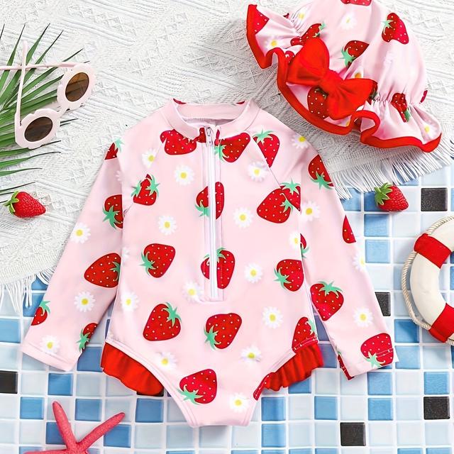 TEMU 1pc Conjunto de Bañador y Gorro de Manga Larga con Cremallera y Estampado de Fresas, Estilo y Lindo para Niñas, Ideal para Verano//Otoño