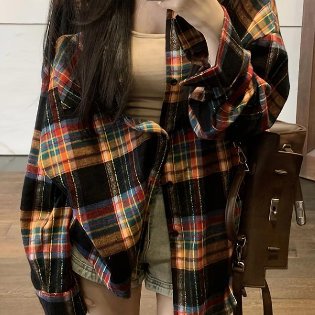 TEMU Button Front Drop Shoulder Blouse, Retro Style Long Sleeve Blouse For , Women's Clothing