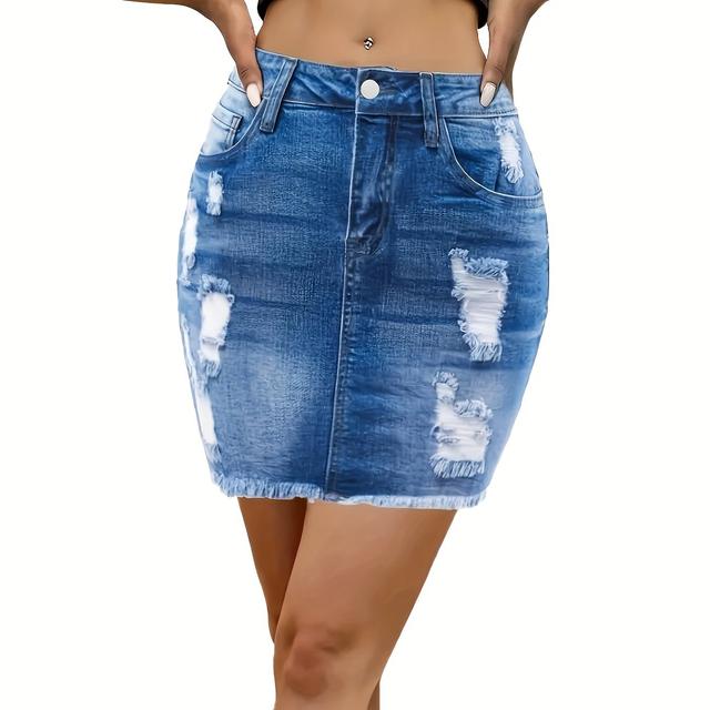 TEMU New Ripped Denim Mini Skirt, Mid-waist, Versatile, Slim-fit, And Hip-hugging