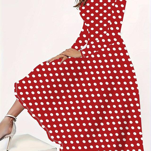 TEMU ชุดแม็กซี่ลายจุดแดง-ขาวไซส์ใหญ่สวยหรู - เสื้อคอกลมแขนยาวผ้ายืด ซักเครื่องได้ ชุดมิดิแฟชั่นสตรี แฟชั่นทุกโอกาส ทั้งแบบลำลองและทางการ ผ้าเนื้อยืดทนนุ่ม สวมใส่ง่าย เหมาะสำหรับงานออฟฟิศ