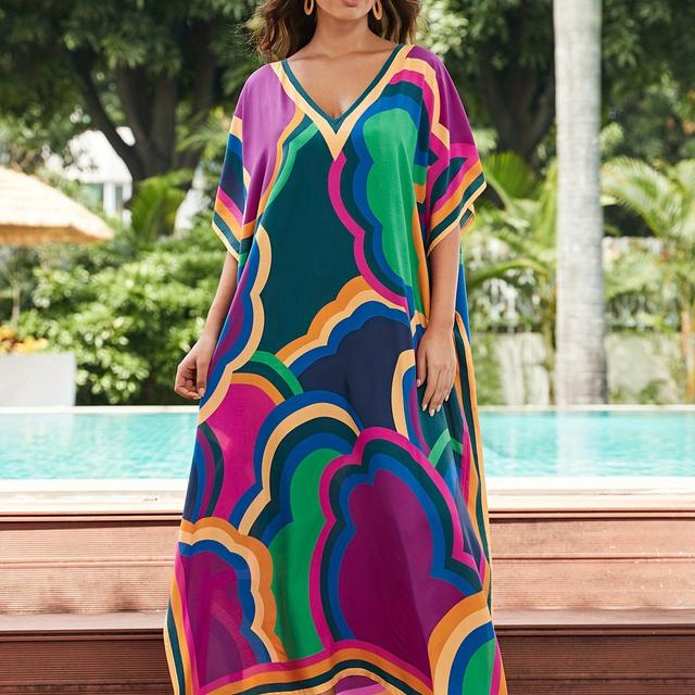 TEMU Robe de plage à manches chauve-souris et col en V pour femme, grande taille, imprimé sur toute la surface, fendue et