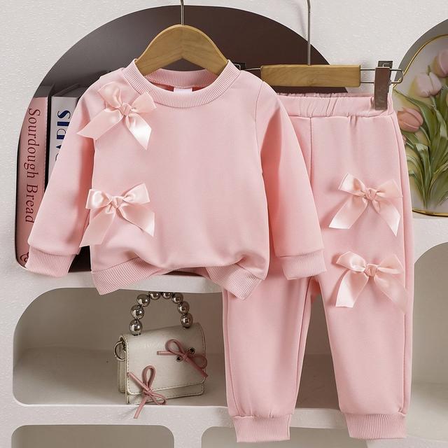 TEMU Ein süßer und lässiger rosa Sweatshirt- und Hosen-Set für Baby-Mädchen, verziert mit doppelten Schleifen, für Frühling und Herbst, für draußen