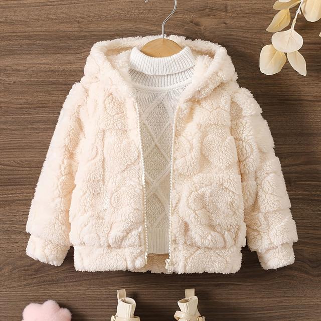 TEMU Winter Warm Girls' Knitted Embossed Plush Hooded Cardigan Long-sleeve Sweater Jacket