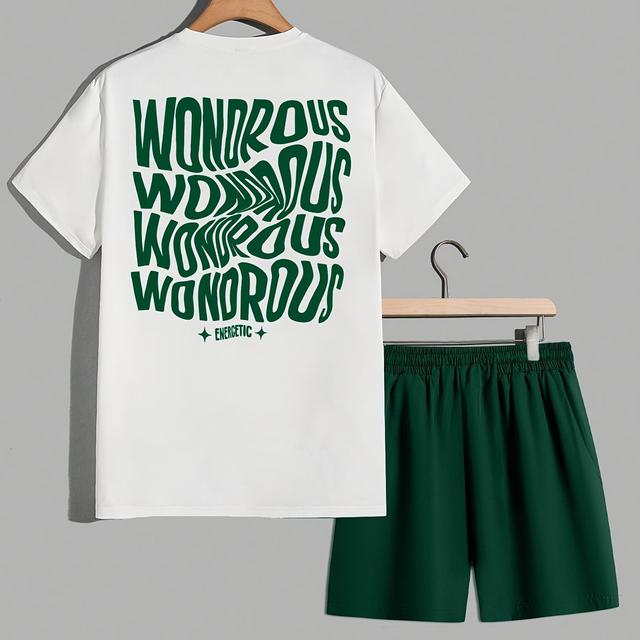 TEMU Men's Outfit: Round Neck Letter Print T-shirt Plus Drawstring Shorts Set For Summer