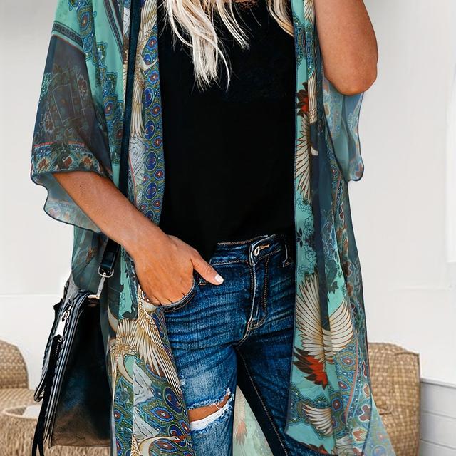 TEMU Western Western Cover-up Women's Chiffon Shirt Printed Multicolor Sunscreen Shirt Open Front Jacket