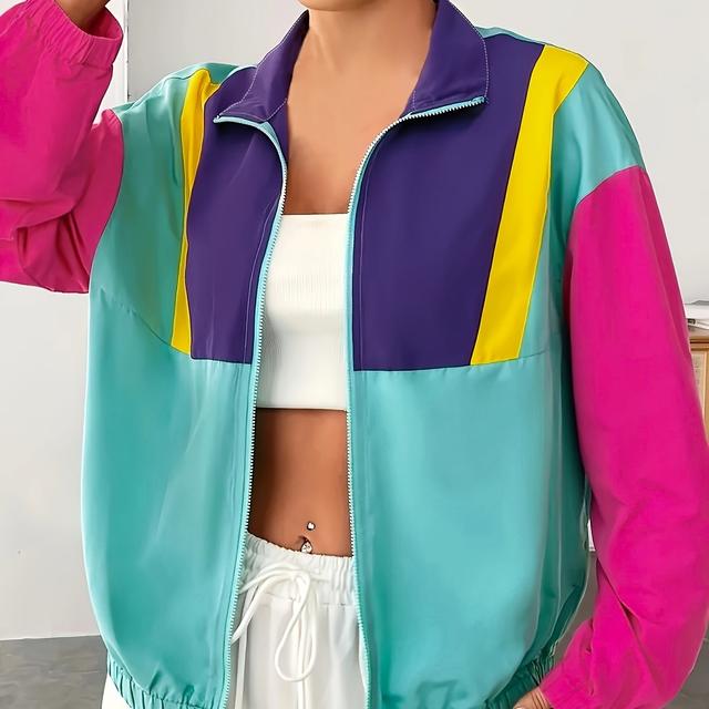TEMU Plus Size, Color Block Zip-up Jacket