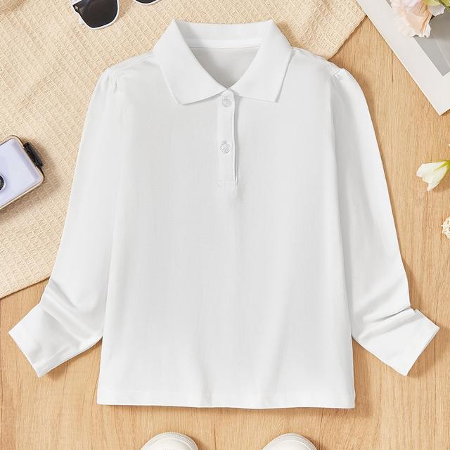 TEMU ' School Uniform Top 3-11, Unisex Long Sleeve Shirt With Lapel Collar Solid Color T-shirt, Simple Casual Outfit For Little, College Style Autumn And Spring Wear Base Layer
