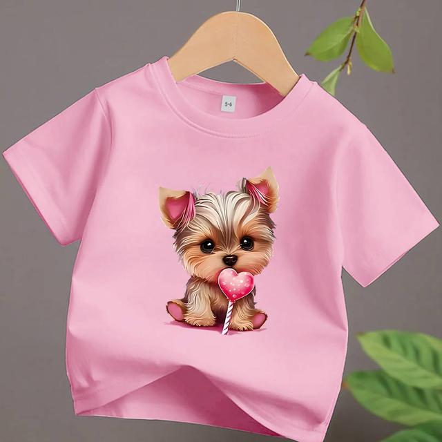 TEMU 95% Cotton Girls' Short Sleeve Casual Round Neck T-shirt Fashion Print Top