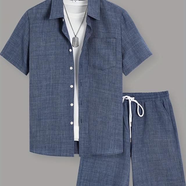 TEMU Men' Pocket Short-sleeve Shirt With Drawstring Double Diagonal Pocket Shorts Set