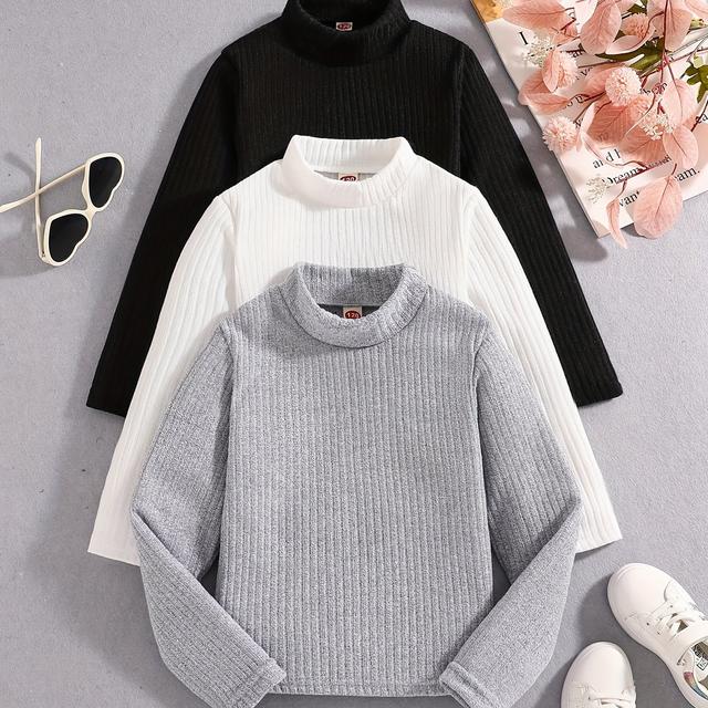 TEMU Conjunto de 3 Camisetas de Punto a Rayas con Cuello para Niñas