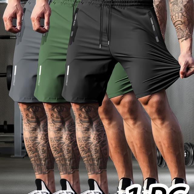 TEMU Enkelpack - Högelastiska sportshorts för män i enfärgad design, med dragkedjefickor, reflexränder, ventilerande dragsko, lämpliga för löpning, yoga, träning, vandring och lätta för sommaren