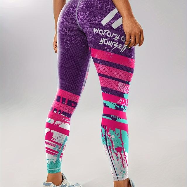 TEMU Block Print Slim Fit Yoga Tight Pants, Seamless Stretchy Running Sports Workout Leggings, Women's Activewear