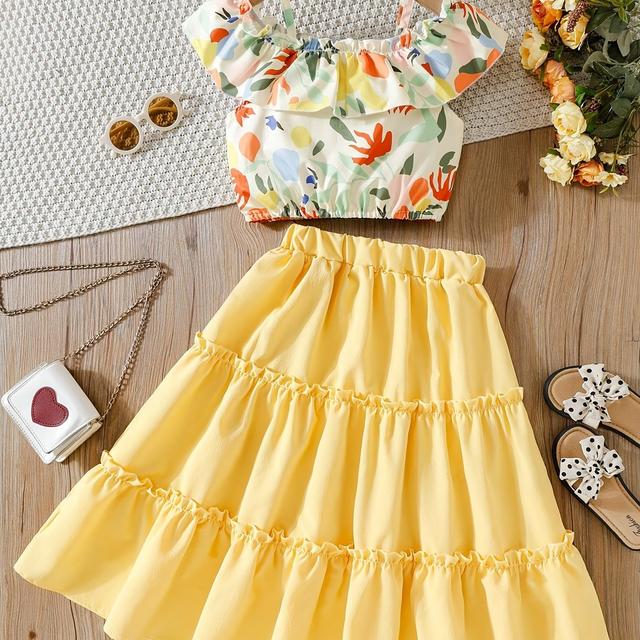 TEMU Haut à bretelles floral et jupe longue pour filles, tenue 2 pièces, vêtements d'extérieur d'été