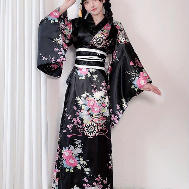 TEMU 大人気 新作 日本製ルウェア:伝統的な鱗取り桜柄着物 和風プリント加工入り浴衣ロングセット