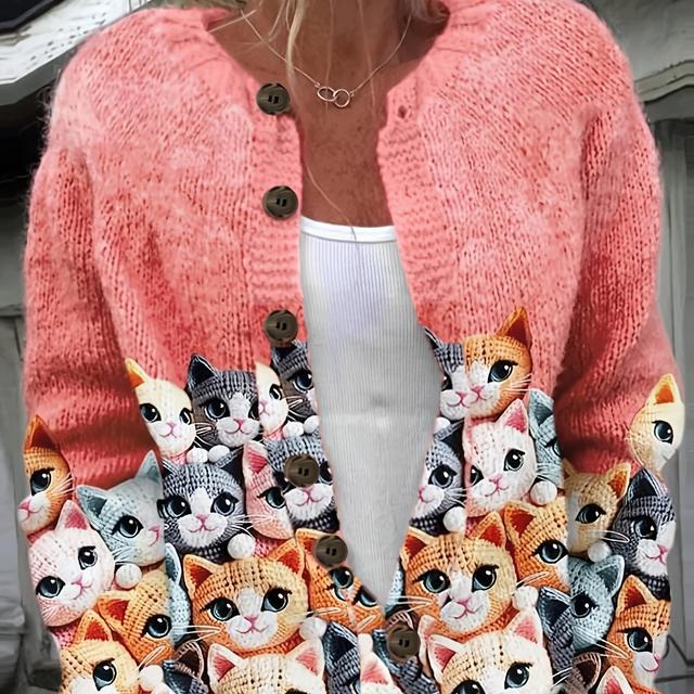 TEMU Plus Size - Women's Lightweight Cat Print Cardigan - Long Sleeve, Round Neck, Button-up Spring/fall Jacket With Animal Design, Pink, Casual Wear, Cat Lover Gift, Cute Cat Clothes