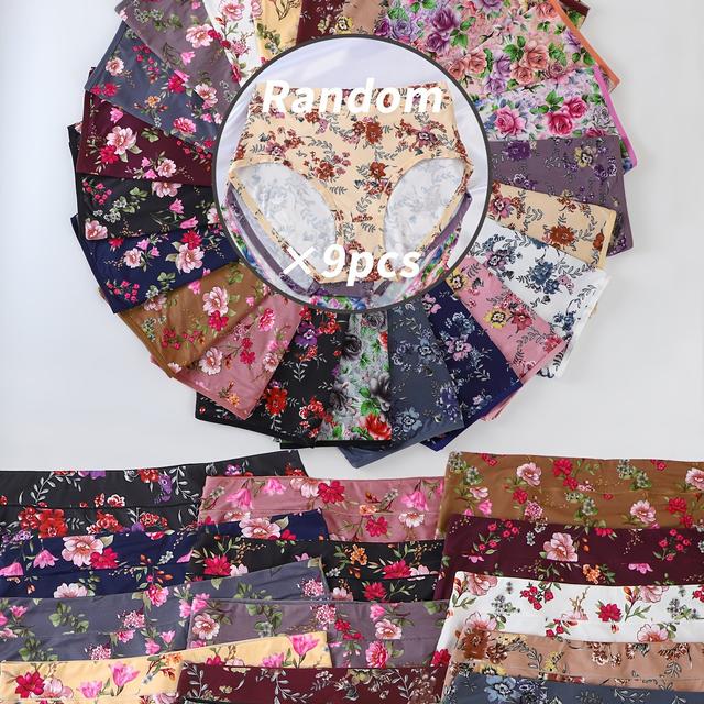 TEMU A Pack Of 9 Assorted Large-sized Women's Underwear Featuring A Comfortable, Skin-friendly Rose Print In High-waisted Style, Delivered In Random Colors
